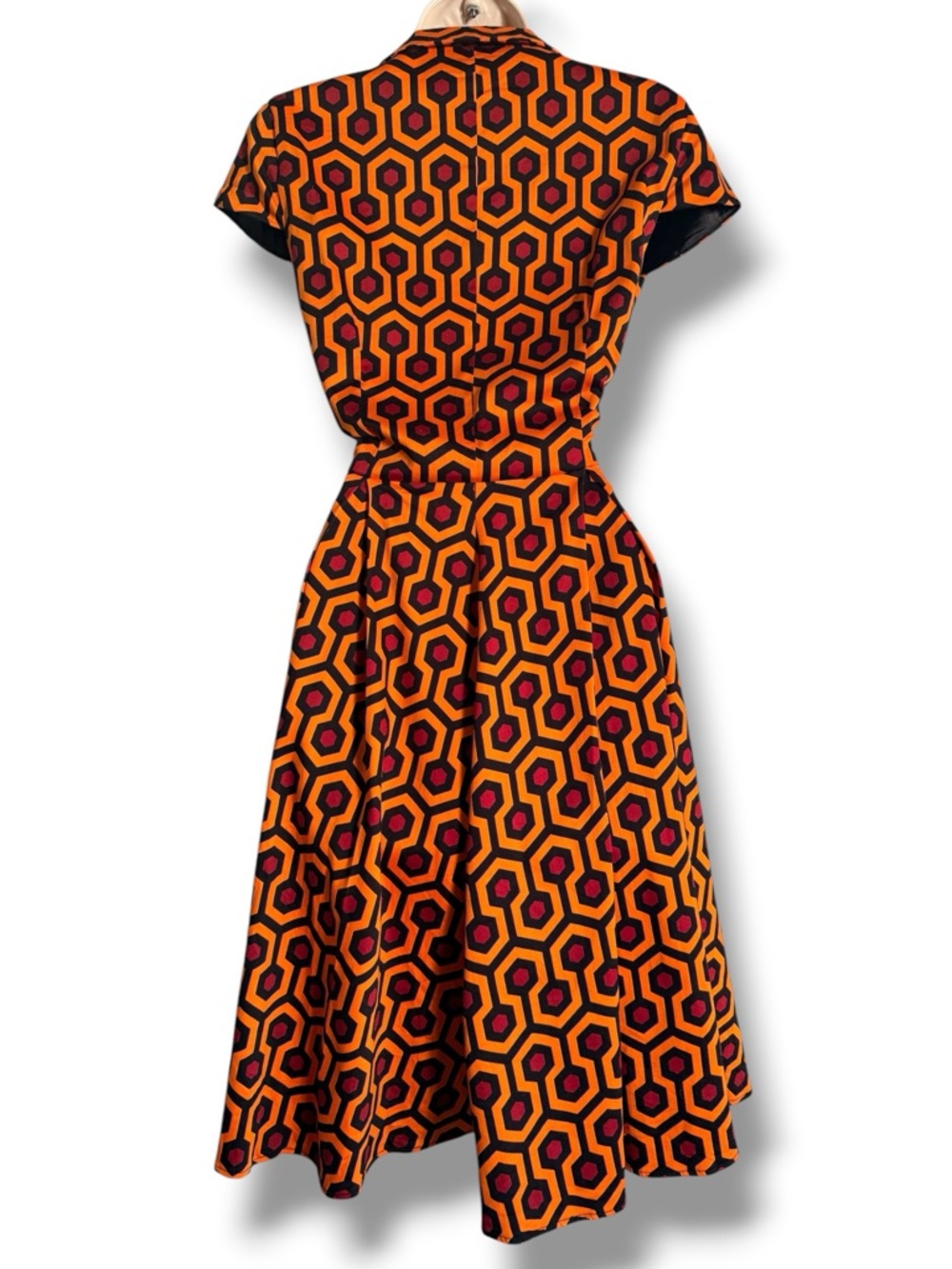 Pinup Couture Overlook Print Dress RARE The Shining Geo Orange Red Black Large - Picture 5 of 8